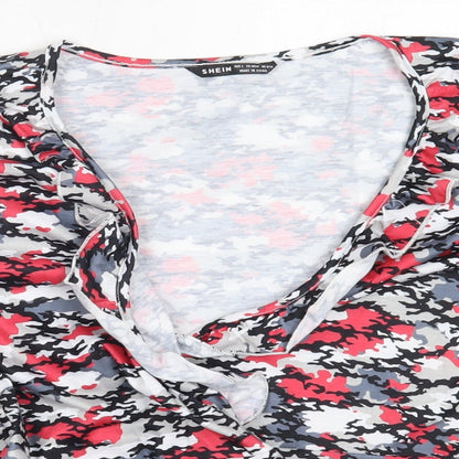 SHEIN Womens Red Camouflage Polyester Basic Blouse Size L V-Neck