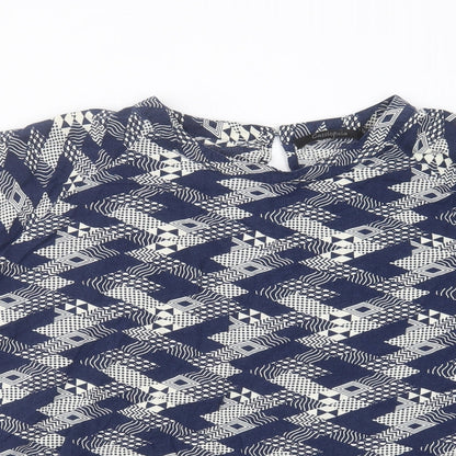 cassiopeia Womens Blue Geometric Viscose Basic Blouse Size XL Round Neck