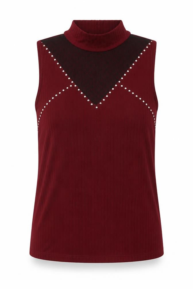 Select Womens Red  Polyester Basic Blouse Size L Mock Neck - Lace Detail
