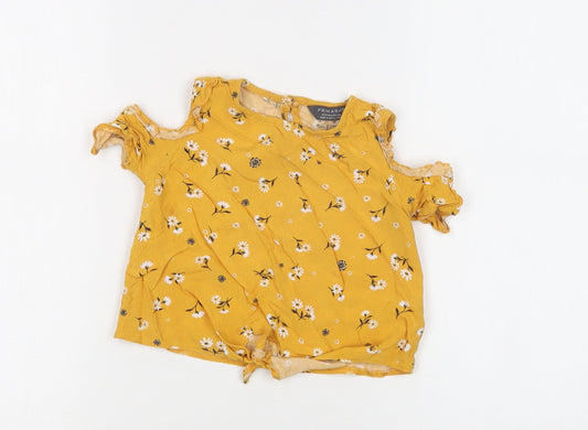 Primark Girls Yellow Floral Viscose Basic Blouse Size 2-3 Years Crew Neck Button