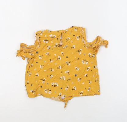 Preloved Primark Girls Yellow Floral Viscose Basic Blouse Size 2-3 Years Crew Neck Button - Back