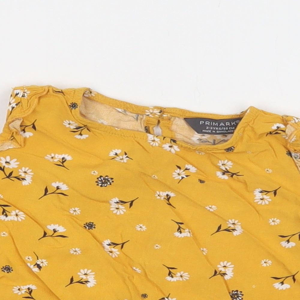 Primark Girls Yellow Floral Viscose Basic Blouse Size 2-3 Years Crew Neck Button