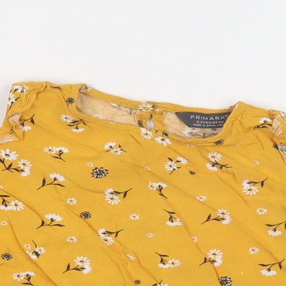 Preloved Primark Girls Yellow Floral Viscose Basic Blouse Size 2-3 Years Crew Neck Button - Detail