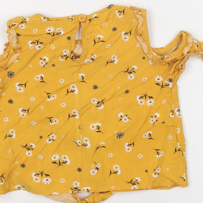 Preloved Primark Girls Yellow Floral Viscose Basic Blouse Size 2-3 Years Crew Neck Button - Label