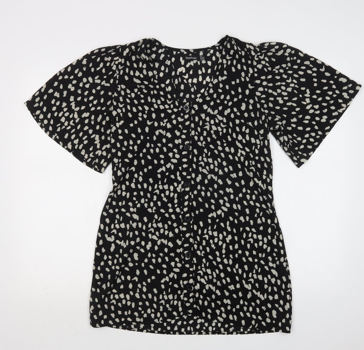 Boohoo Womens Black Animal Print Polyester Basic Blouse Size 10 Scoop Neck