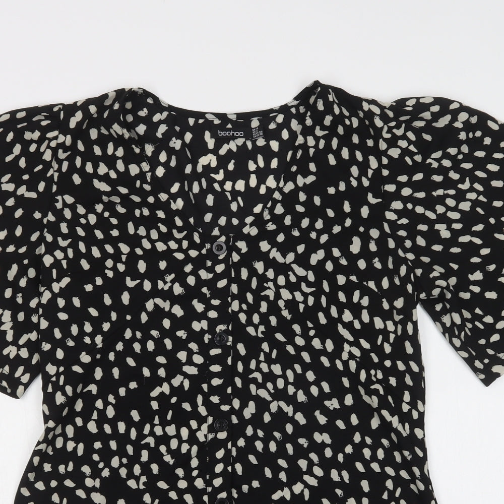 Boohoo Womens Black Animal Print Polyester Basic Blouse Size 10 Scoop Neck
