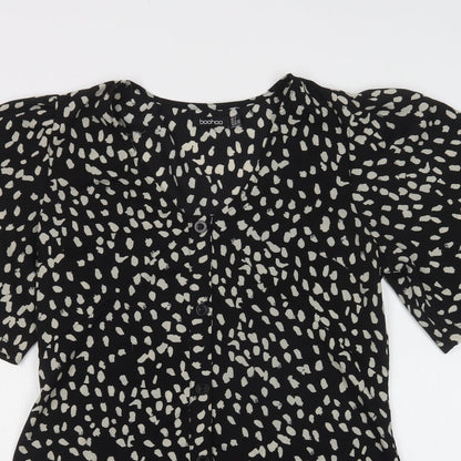 Boohoo Womens Black Animal Print Polyester Basic Blouse Size 10 Scoop Neck