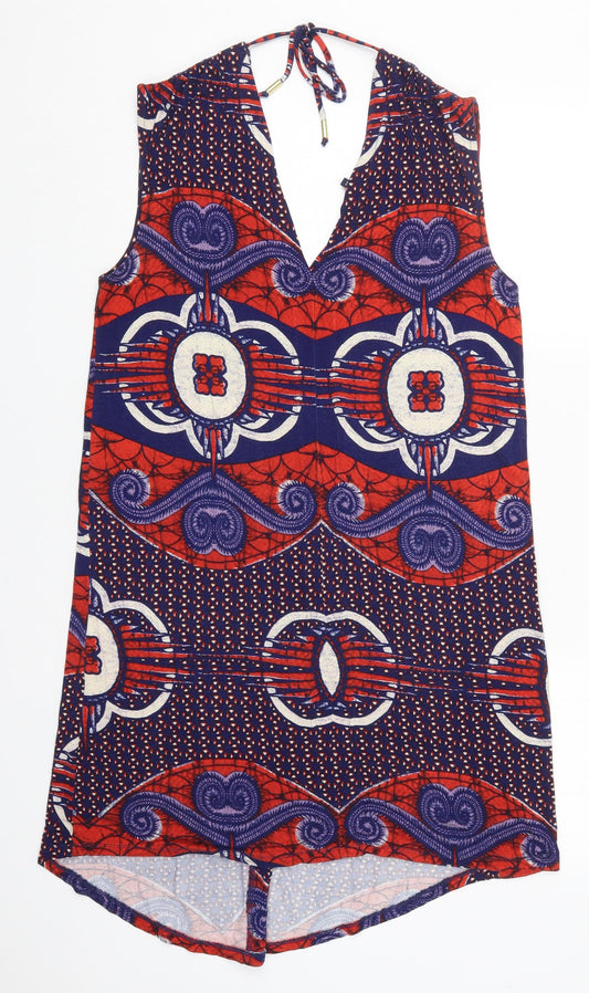 NEXT Womens Blue Geometric Viscose Basic Tank Size 10 V-Neck - Red