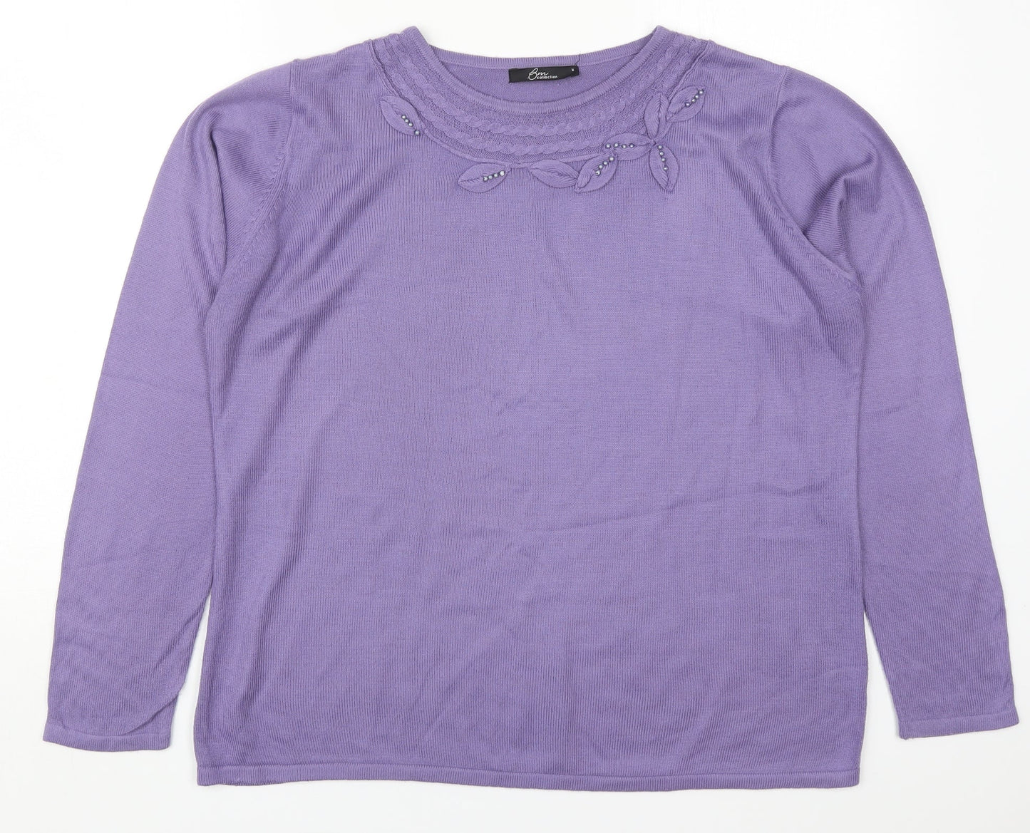 Bonmarché Womens Purple Round Neck  Acrylic Pullover Jumper Size M   - Leaves