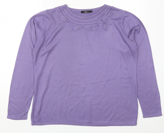 Bonmarché Womens Purple Round Neck  Acrylic Pullover Jumper Size M   - Leaves