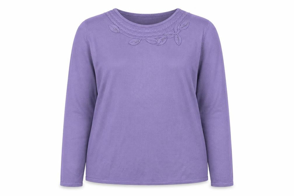 Bonmarché Womens Purple Round Neck Acrylic Pullover Jumper Size M - Leaves