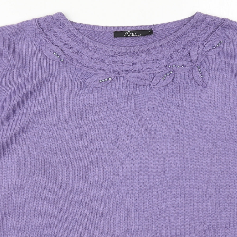 Bonmarché Womens Purple Round Neck  Acrylic Pullover Jumper Size M   - Leaves