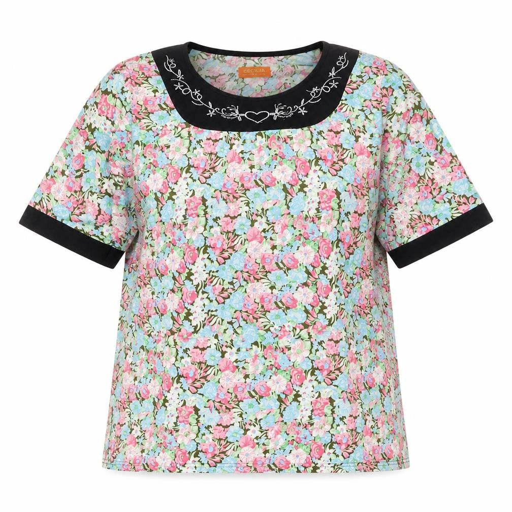 Cecilia Womens Multicoloured Floral Polyester Basic T-Shirt Size M Round Neck