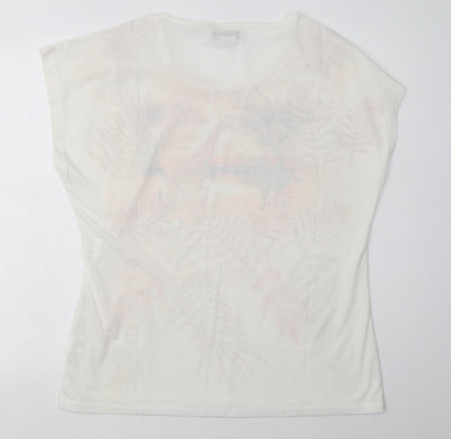 Atlas Womens White Geometric Polyester Basic T-Shirt Size 14 Crew Neck