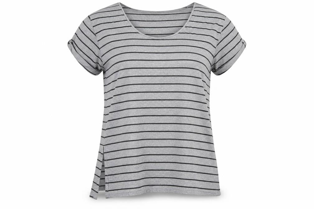 And / Or Womens Grey Striped Polyester Basic T-Shirt Size 14 Round Neck