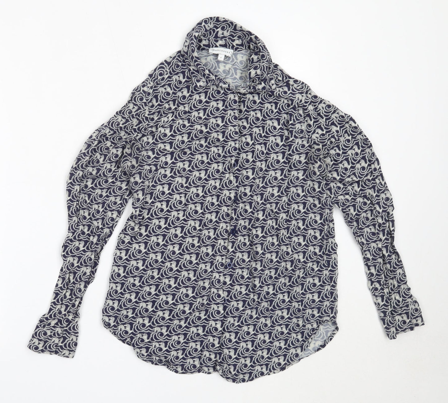 Warehouse Womens Blue Geometric Viscose Basic Button-Up Size 6 Collared