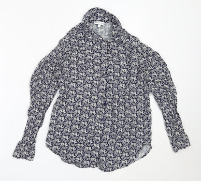 Warehouse Womens Blue Geometric Viscose Basic Button-Up Size 6 Collared