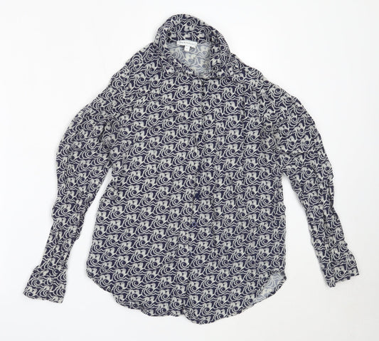 Warehouse Womens Blue Geometric Viscose Basic Button-Up Size 6 Collared