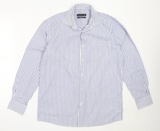 Cedar Wood State Mens White Striped Polyester  Button-Up Size 15.5 Collared
