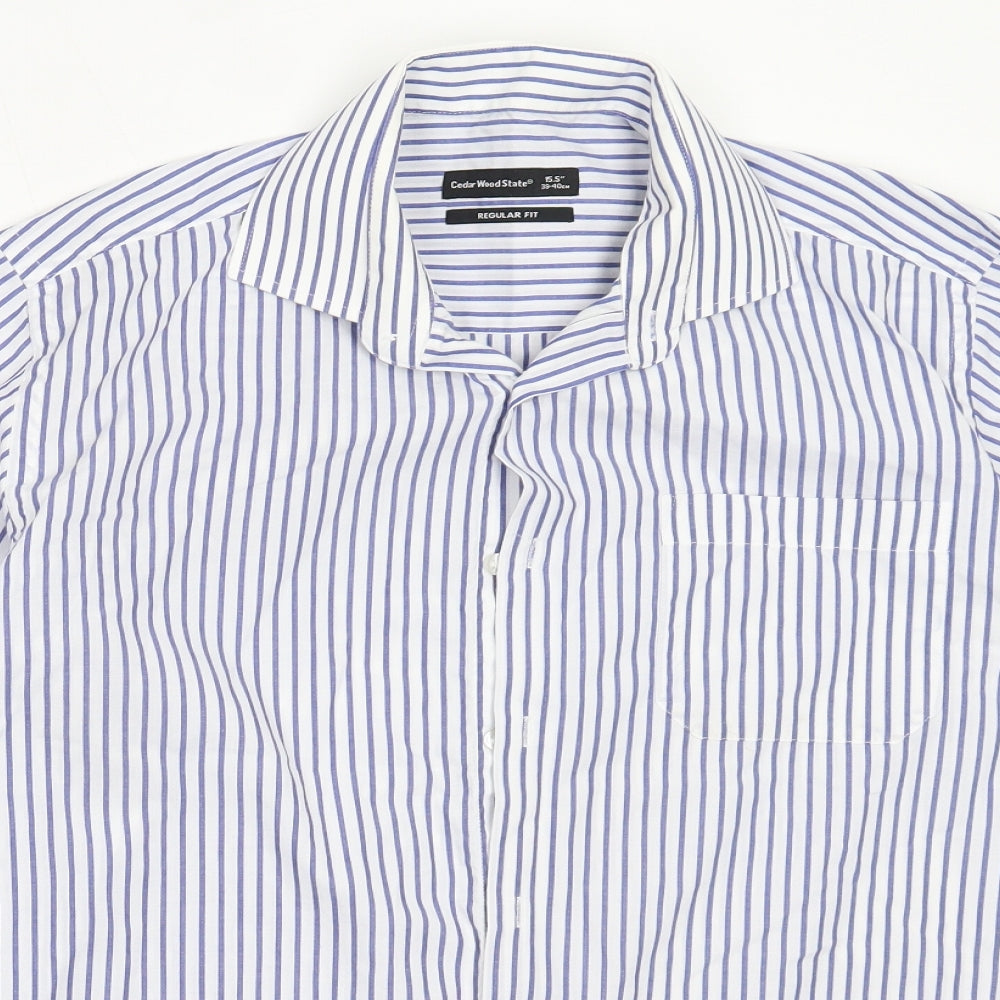 Cedar Wood State Mens White Striped Polyester  Button-Up Size 15.5 Collared