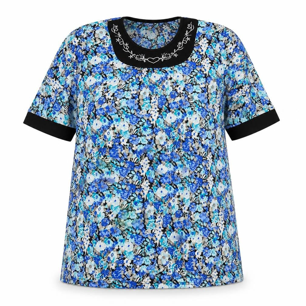 Cecilia Womens Blue Floral Polyester Basic T-Shirt Size XL Round Neck