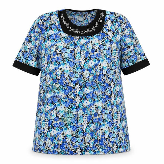 Cecilia Womens Blue Floral Polyester Basic T-Shirt Size XL Round Neck