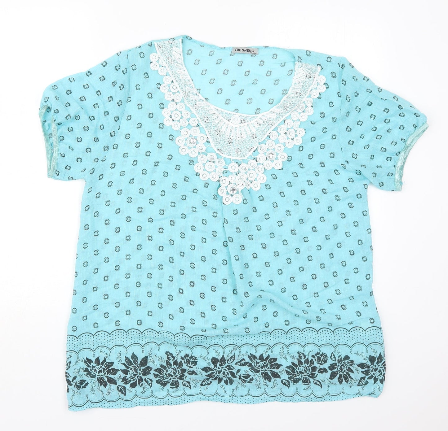 Yue Sheng Womens Blue Geometric Cotton Basic T-Shirt Size 2XL Round Neck