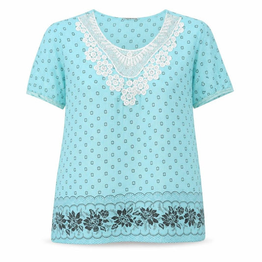Yue Sheng Womens Blue Geometric Cotton Basic T-Shirt Size 2XL Round Neck