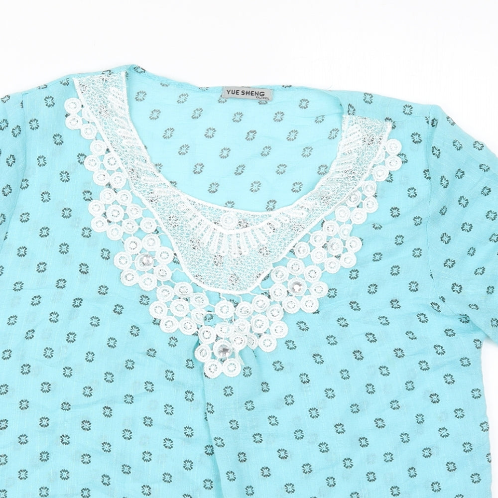 Yue Sheng Womens Blue Geometric Cotton Basic T-Shirt Size 2XL Round Neck