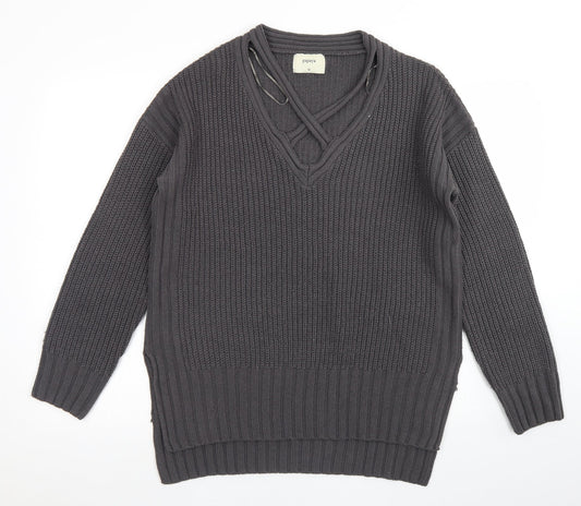Papaya Womens Grey V-Neck  Acrylic Pullover Jumper Size M
