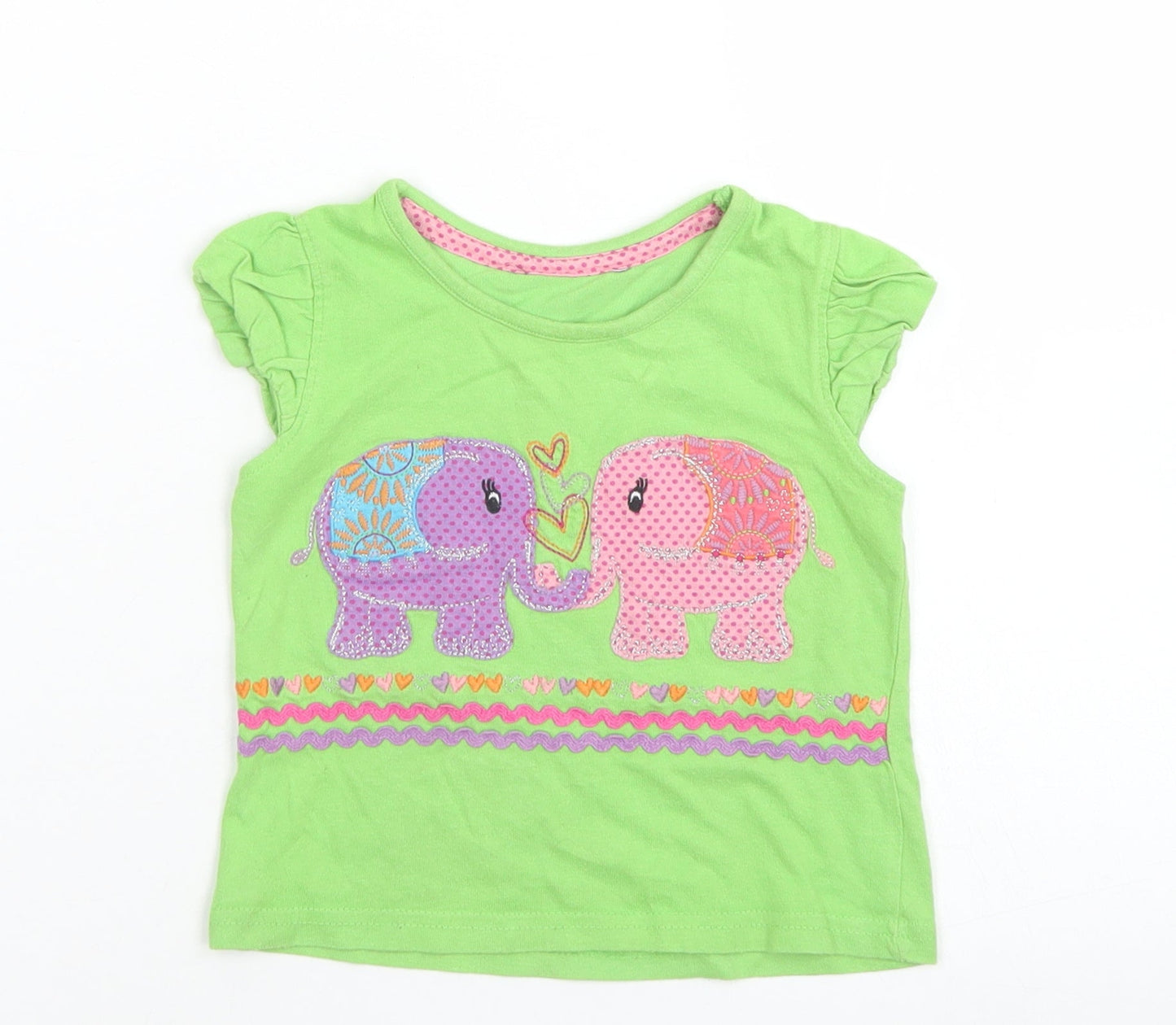 George Girls Green  Cotton Basic T-Shirt Size 12-18 Months Crew Neck  - Elephants
