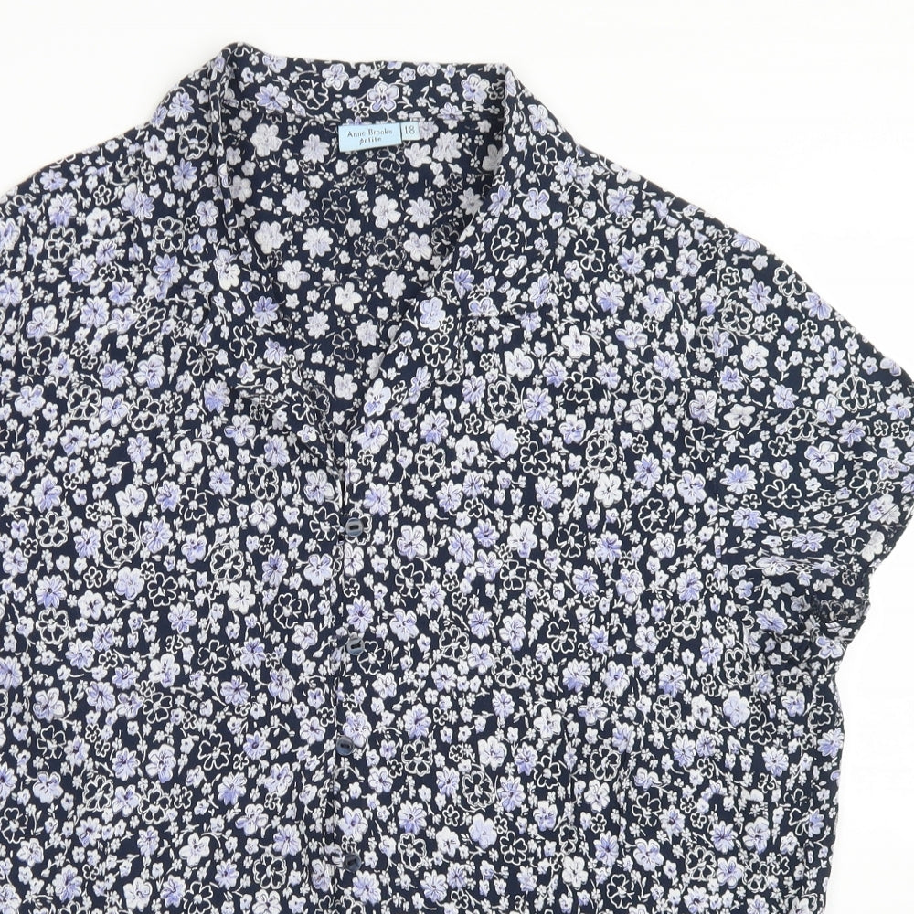 Anne Brooks Womens Blue Floral Viscose Basic Button-Up Size 18 Collared