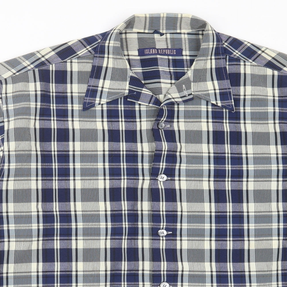 Island Republic Mens Blue Check Polyester  Button-Up Size M Collared Button