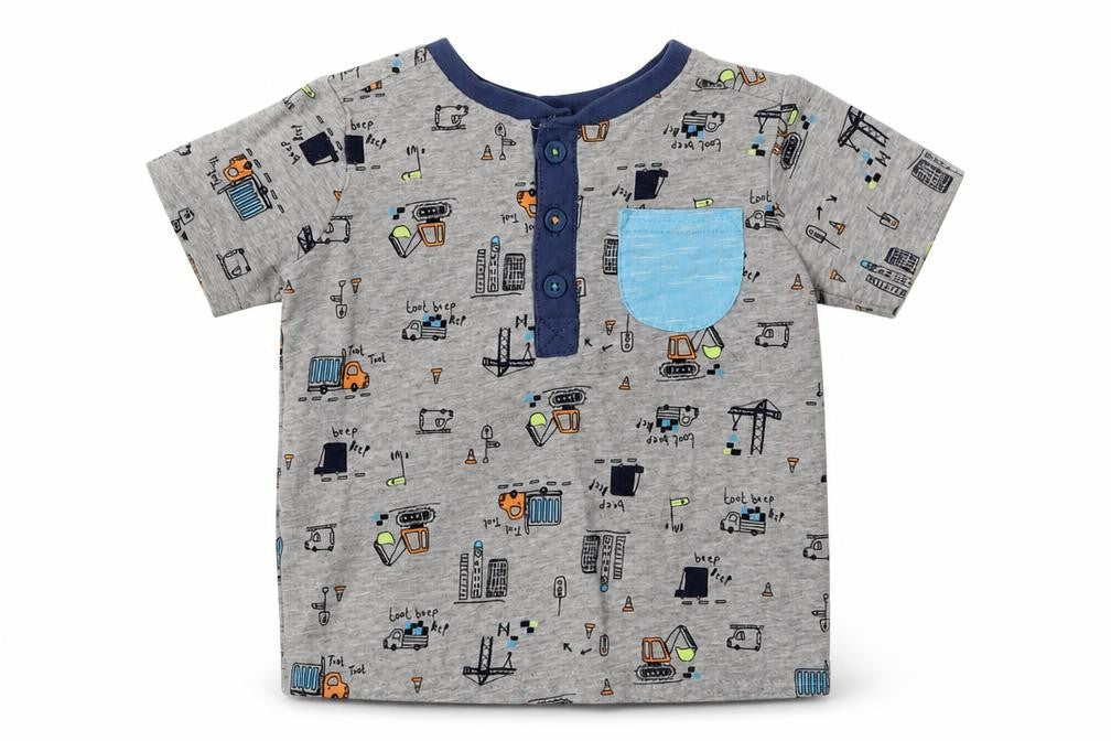 George Boys Grey Geometric Cotton Basic T-Shirt Size 6-9 Months Crew Neck Button - lorry print