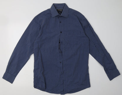 Debenhams Mens Blue Striped Polyester  Button-Up Size 15 Collared Button