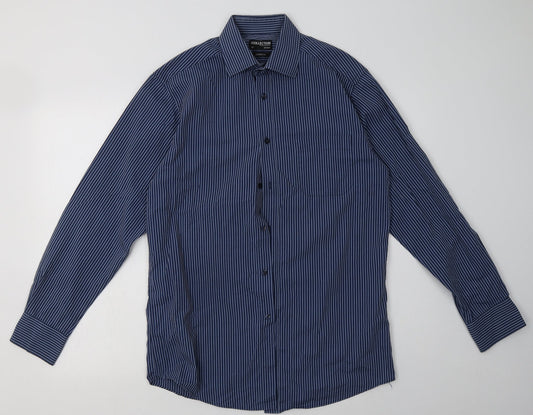 Debenhams Mens Blue Striped Polyester  Button-Up Size 15 Collared Button