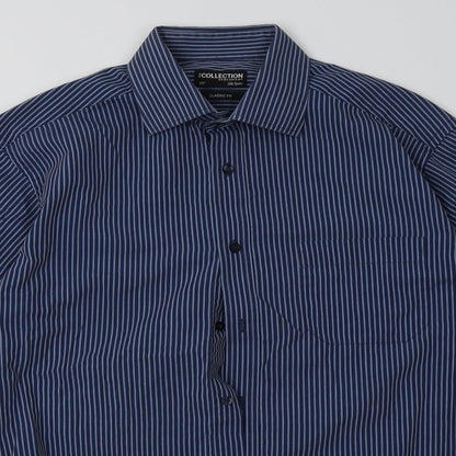 Debenhams Mens Blue Striped Polyester  Button-Up Size 15 Collared Button