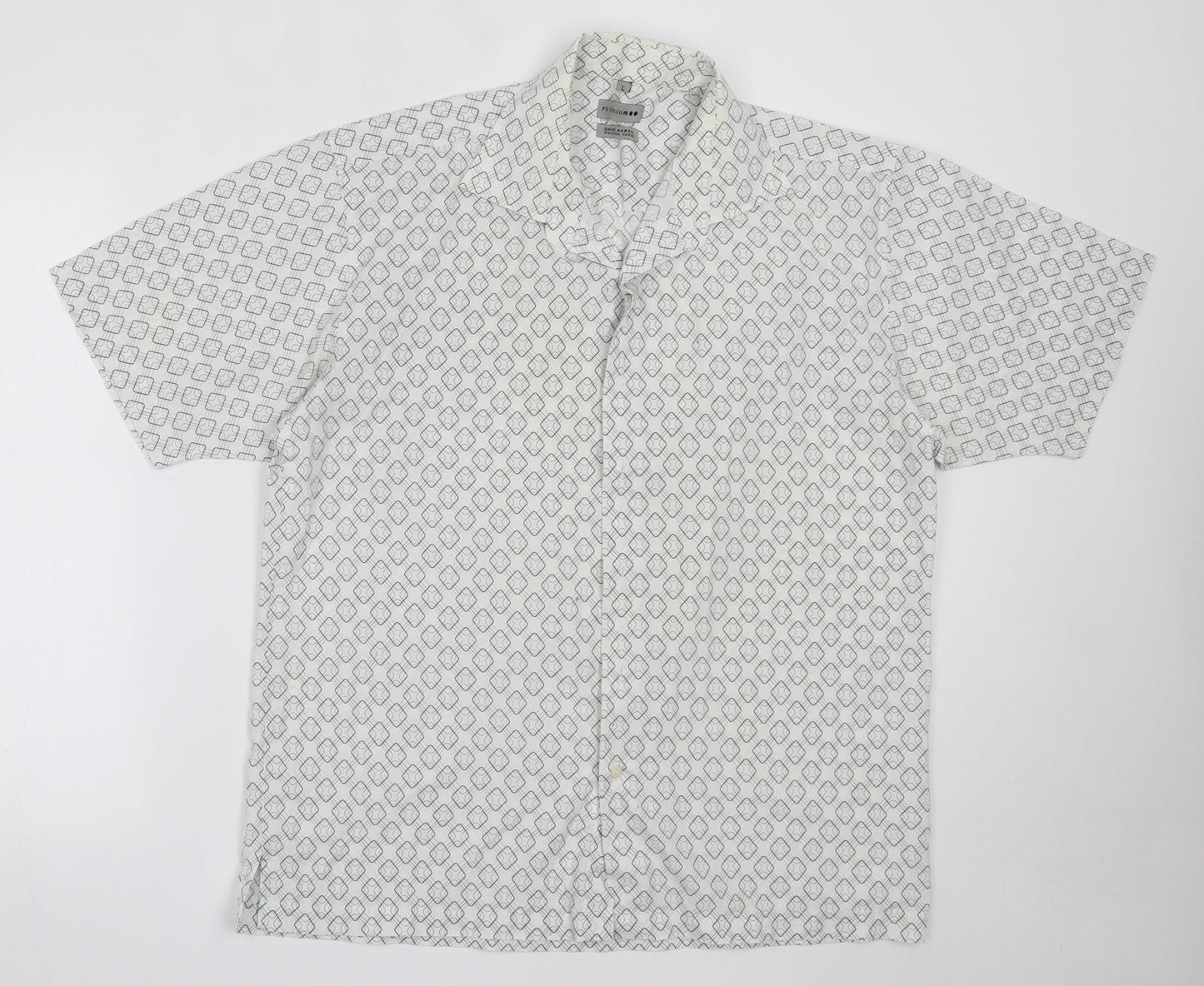 Petroleum Mens White Geometric Cotton  Button-Up Size L Collared