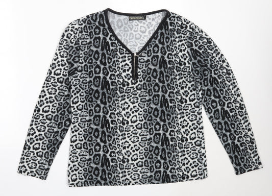 Paramour Womens Grey V-Neck Animal Print Polyester Pullover Jumper Size M