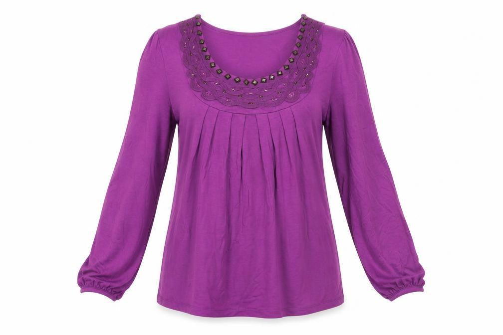 Daxon Womens Purple  Viscose Basic Blouse Size 42 Round Neck