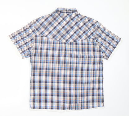 Vintage Mens Blue Check Cotton  Button-Up Size L Collared Button