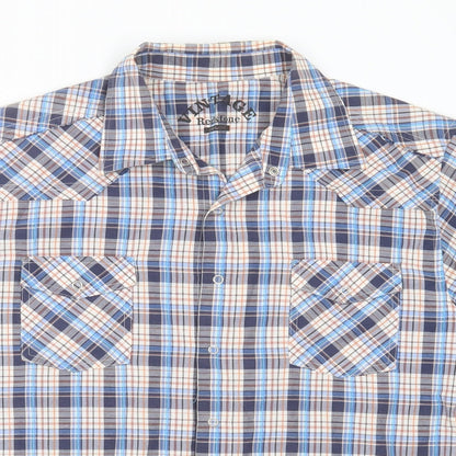 Vintage Mens Blue Check Cotton  Button-Up Size L Collared Button
