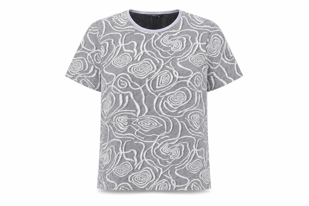 BM Womens Grey Geometric Nylon Basic T-Shirt Size 14 Round Neck