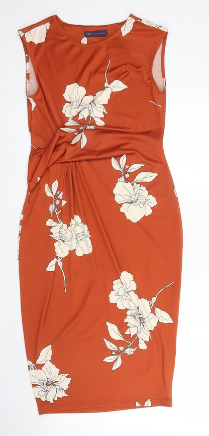 Preloved M&S Womens Orange Floral Polyester Sheath  Size 6  Round Neck - Front