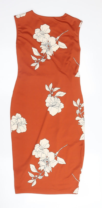 Preloved M&S Womens Orange Floral Polyester Sheath  Size 6  Round Neck - Back