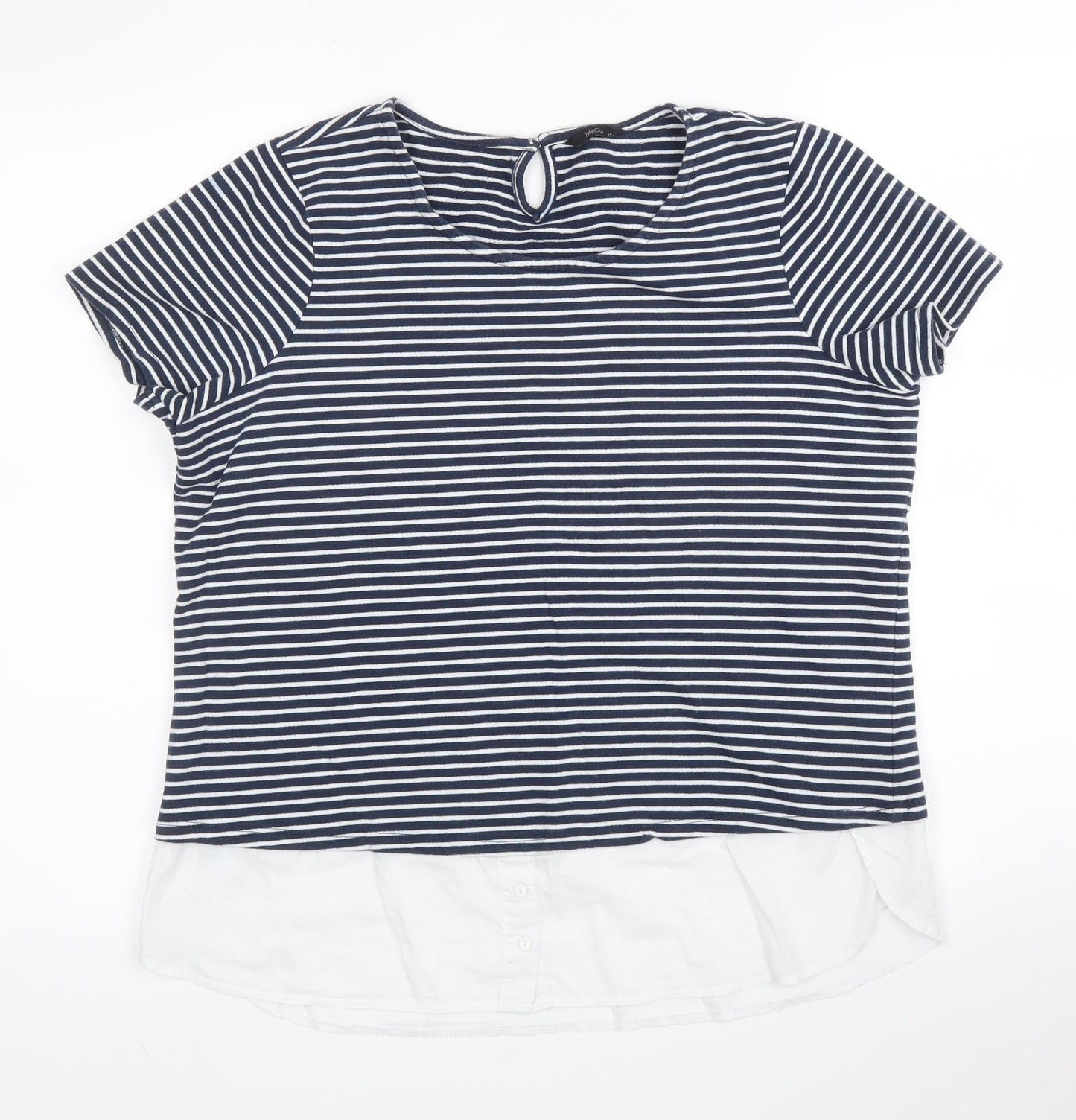 M&Co Womens Blue Striped Cotton Basic Blouse Size 14 Round Neck