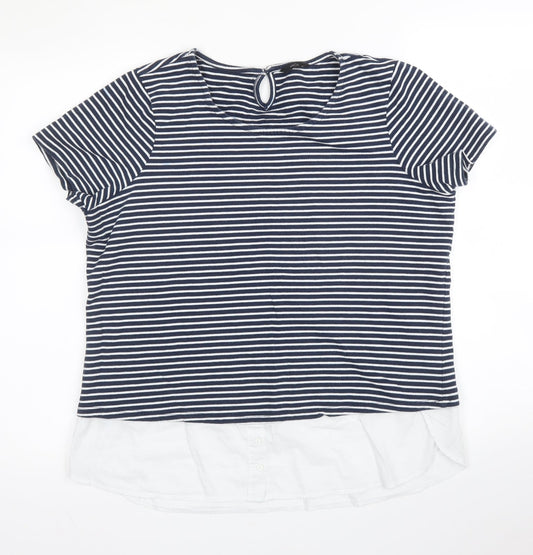 M&Co Womens Blue Striped Cotton Basic Blouse Size 14 Round Neck