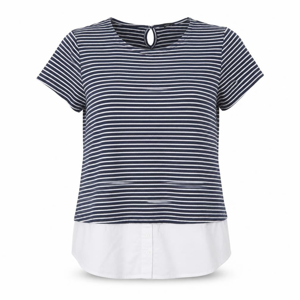 M&Co Womens Blue Striped Cotton Basic Blouse Size 14 Round Neck