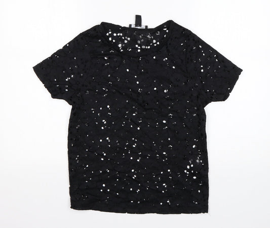 New Look Womens Black Floral Polyamide Basic Blouse Size 10 Round Neck