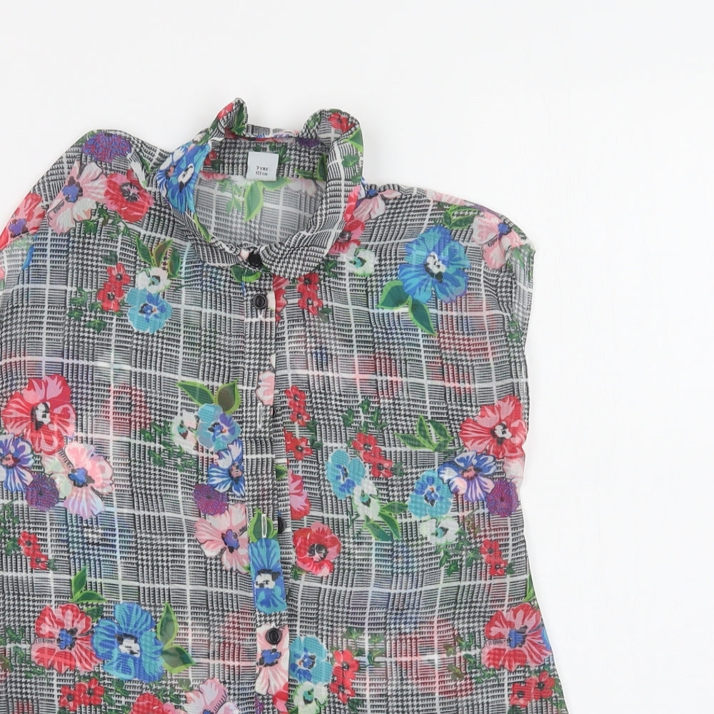 TU Girls Grey Floral Polyester Tunic Button-Up Size 7 Years Collared Button